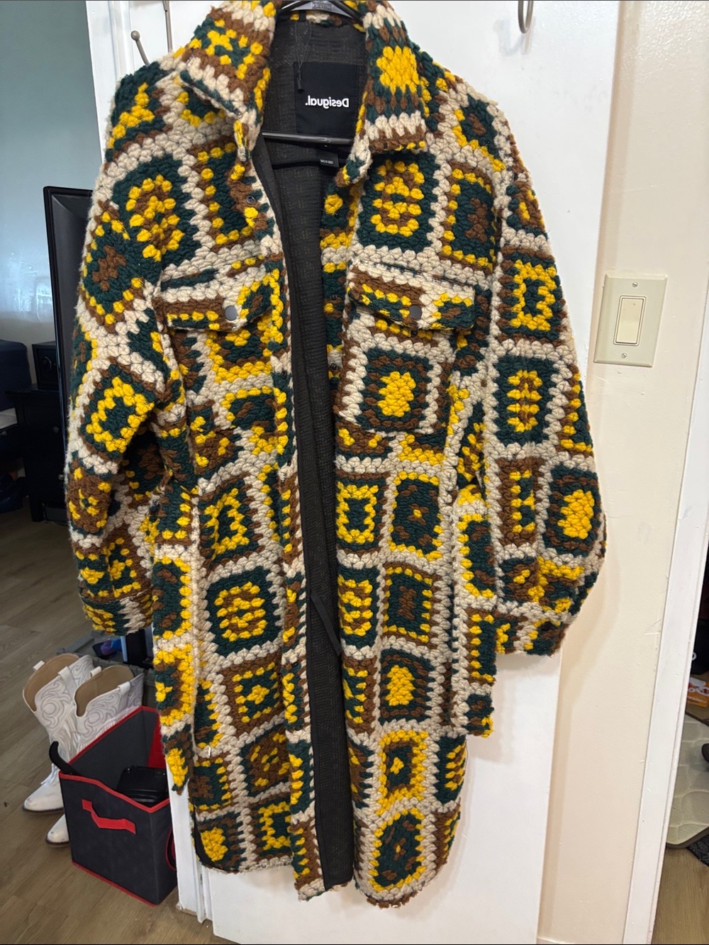 Desigual Crocheted Long Pea Coat in Yellow, Green & Brown
